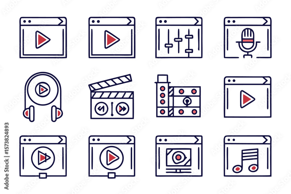 Poster comprehensive collection of clean line art symbols representing audio and video elements for modern 