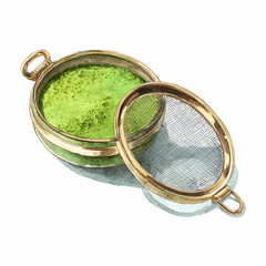 Matcha powder in a sifter: A watercolor rendering of matcha powder in a sifter, capturing the delicate texture and vibrant green hue, a celebration of culinary artistry.
