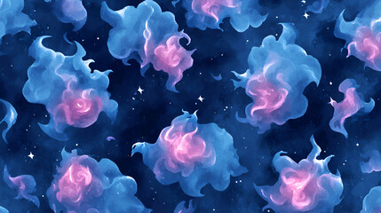 Cosmic Nebula Swirls: An illustration of cosmic cloud painted with purple and blue colors blend seamlessly, creating a mesmerizing nebula pattern, evoking a sense of wonder and the vastness of space.