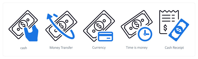 A set of 5 mix icons as cash, money transfer, currency