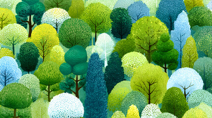 Lush Green Forest: A vibrant illustration of a lush forest canopy, featuring a multitude of trees in varying shades of green, blue and white, creating a sense of depth and tranquility.