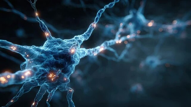 Close-up view of neurons with glowing synapses, showcasing intricate neural connections and biological processes.