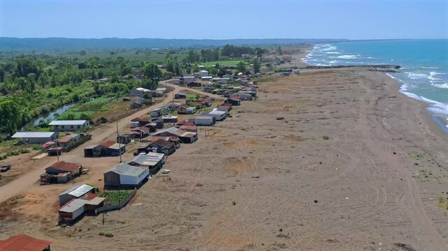 Aerial view of beach huts and greenery, Turkey.