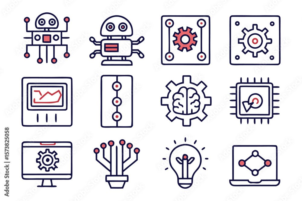 Poster modern minimalist automation technology symbols collection featuring gears robots and process flow e