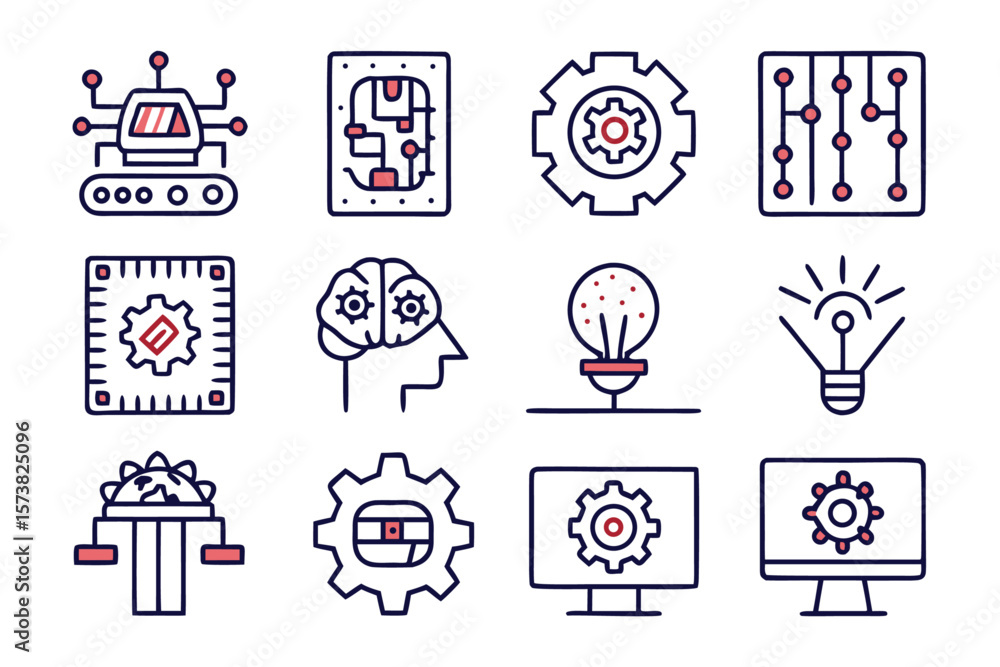Poster a collection of minimalist clean and modern graphic elements representing automation processes and t