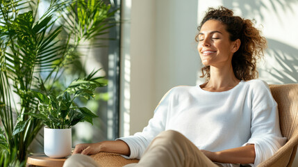 Relaxing woman enjoying tranquility in bright room with plants