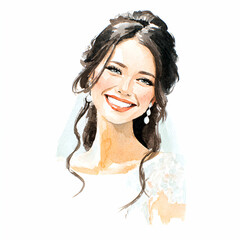Radiant Bride's Portrait: Captivating watercolor illustration of a beautiful bride, with elegant hairstyle and a genuine smile, evoking the joy of her wedding day.