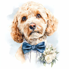 Dapper Pup Portrait: A charming, elegant depiction of a Cockapoo, donning a smart blue bow tie and flower accessory. Illustrated in the watercolor.