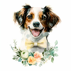 Charming Canine: A close-up watercolor painting of a cheerful dog, sporting a dapper yellow bowtie, encircled by an elegant wreath of colorful blossoms, exudes joy and playful personality.