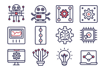 Modern minimalist automation technology symbols collection featuring gears robots and process flow elements in a clean design for digital applications and interfaces