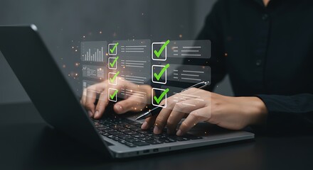 Man completing a checklist on a laptop for business success
