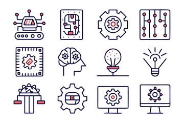 A collection of minimalist clean and modern graphic elements representing automation processes and technology designed with a professional aesthetic for digital and print applications
