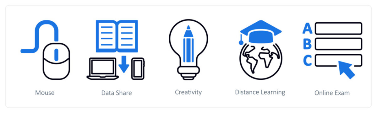 A set of 5 mix icons as mouse, data share, creativity