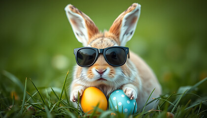 Cool Easter Bunny Wearing Sunglasses with Easter Eggs in Green Grass