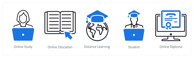 Fototapeta premium A set of 5 mix icons as online study, online education, distance learning
