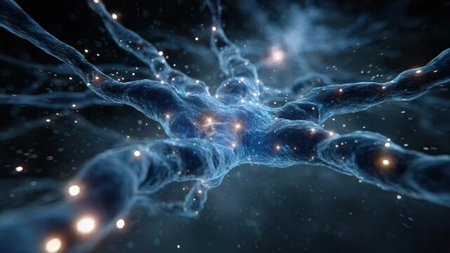 A mesmerizing view of a neuron, showcasing intricate connections and glowing synapses in a dark background.