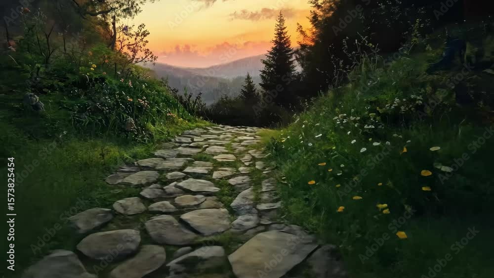 Poster exploring a serene stone path at dusk with a vibrant sunset in the background, moving over old stone