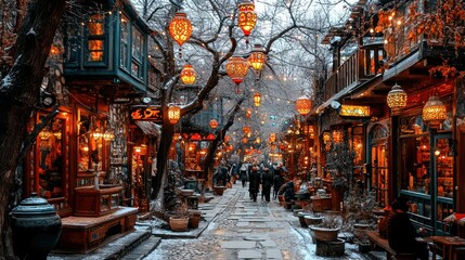 Snow-covered street with illuminated shops and lanterns in a historic Asian town.