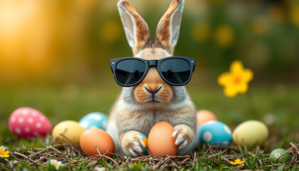Cool Easter Bunny with Sunglasses Surrounded by Colorful Easter Eggs in Grass