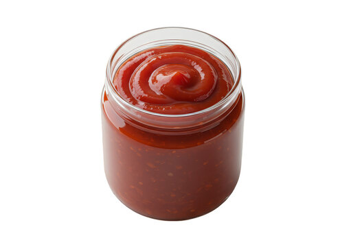 Isolated Close up Ketchup Sauce in Transparent Jar with Red Smooth Texture