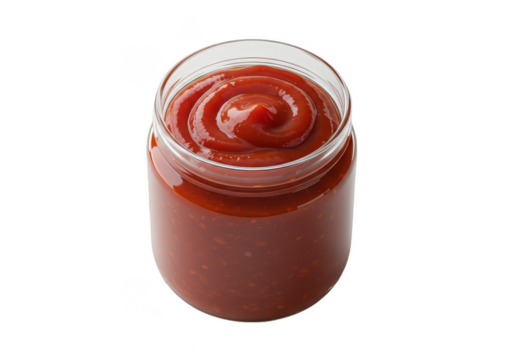 Isolated Close up Ketchup Sauce in Transparent Jar with Red Smooth Texture