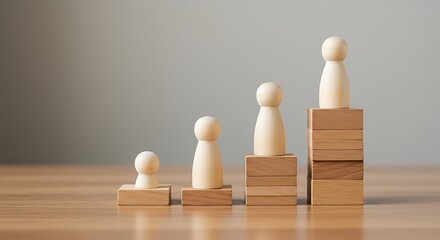 Wooden figures on stacked blocks representing career growth and success