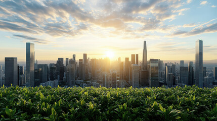 Naklejka premium Futuristic skyline sunset with lush greenery foreground, showcasing urban beauty and nature