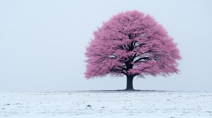 Solitary pink tree in snowy field, winter landscape.