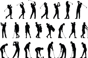 Obraz premium Silhouette of golfers in various playing positions, swinging, putting, and standing, sports activity, cad drawing flat vector illustration