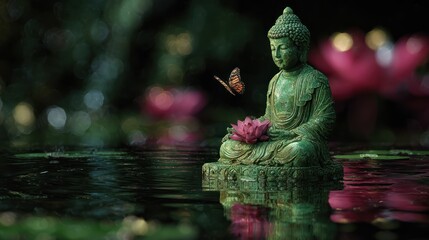 Buddha statue in a serene pond setting