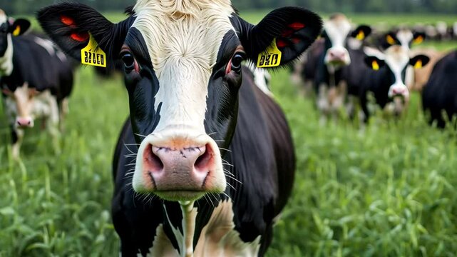 Herd of black and white cows grazing in a lush green field during twilight hours, Large Cow Herd In Field At Dusk