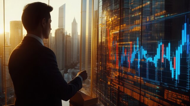 A confident CEO in a high-rise office reviewing a futuristic holographic financial chart, showcasing fluctuating stock market trends with blue and red candlestick patterns.