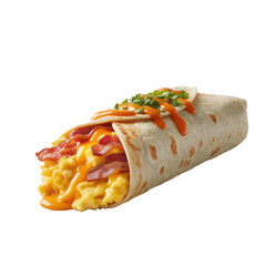 Delicious breakfast burrito with scrambled eggs crispy bacon cheese and hot sauce isolated on transparent background