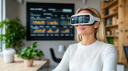 Woman using virtual reality headset for financial analysis in modern office