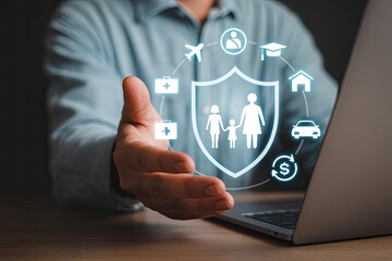 Man s outstretched hand displays a glowing digital shield protecting family home car health travel education and finances
