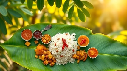 A traditional indian meal served on a banana leaf with rice and curry