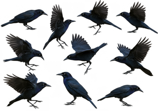Isolated Crow Multiple Poses Wings Open With Transparent Background