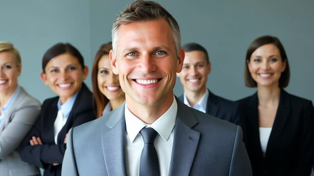 Confidence in the Corporate Realm: A polished leader, flanked by a team of equally successful professionals, exudes confidence and collaboration in a modern office setting.