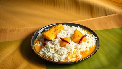 A flavorful rice dish with yellow curry and red chili peppers is served