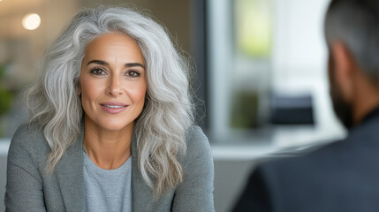 Confident woman with gray hair engaging in conversation with man in professional setting
