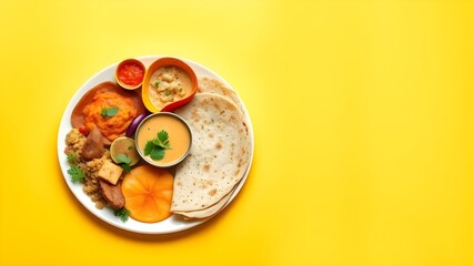 A vibrant indian thali with various curries and roti on a yellow background
