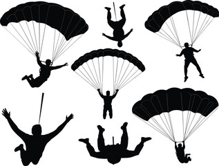 Silhouette of parachutists in freefall and open parachutes, skydiving activity, extreme air sport, cad drawing flat vector illustration