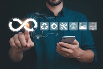 Man touching infinity loop and icons representing recycling gears tools globe factory and blueprint on digital interface