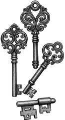 Ornate Illustration of Antique Vintage Keys Design with Decorative Element
