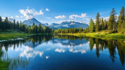 Fototapeta premium Serene mountain lake reflecting sky and evergreen forest landscape scenery