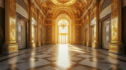 Opulent gilded ballroom with marble floors and radiant light streaming through doorways