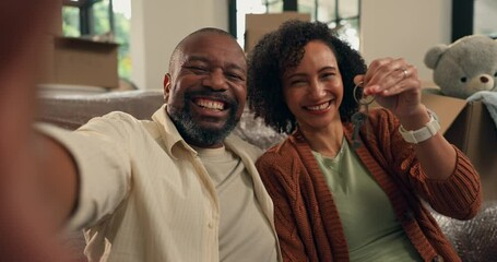 Happy, black couple and face with keys or selfie in new home for property investment or memory. Portrait, man and woman with smile or access for photography, picture or apartment together in house - Powered by Adobe