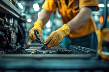 A close-up of a worker wearing safety gloves, carefully inspecting a delicate component on the assembly line, clean and professional composition, copy space, stock photography