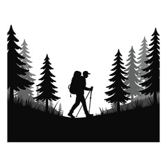 Fototapeta premium Hiker with backpack and poles walking through pine forest silhouette