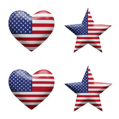 Patriotic Heart and Star Shapes in American Flag Colors on Transparent